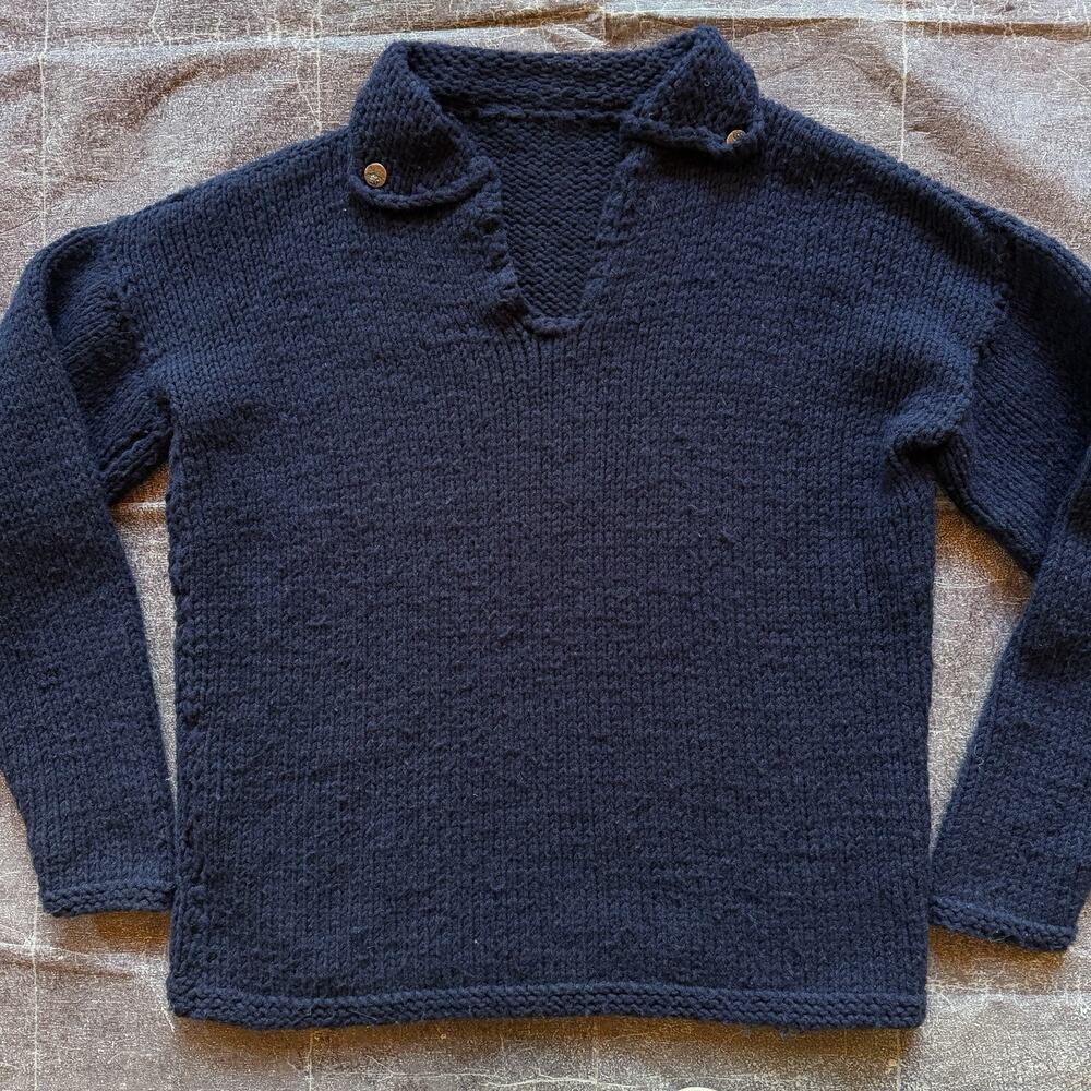 Men's Vintage 70's Hand Chunky Knit Navy Blue Fisherman Pullover Sweater Sz XL